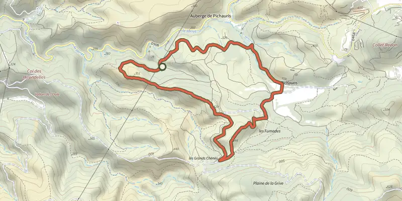 Carte du tracé de Boucle du Château de Ners sur le Plan IGN, départ et points de passage numérotés