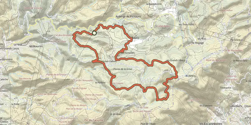 Carte du tracé de Boucle des Grands Ubacs sur le Plan IGN, départ et points de passage numérotés