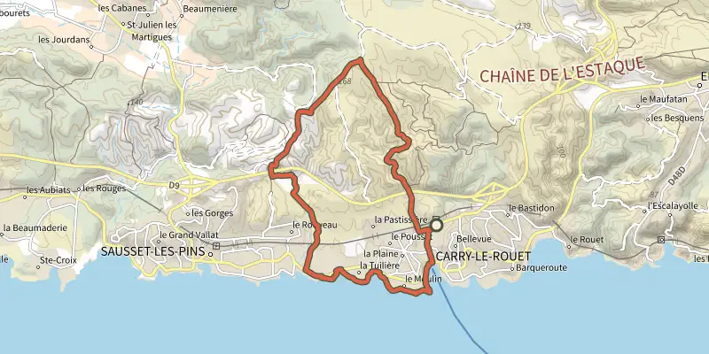 Carte du tracé de Entre calanques et collines sur le Plan IGN, départ et points de passage numérotés