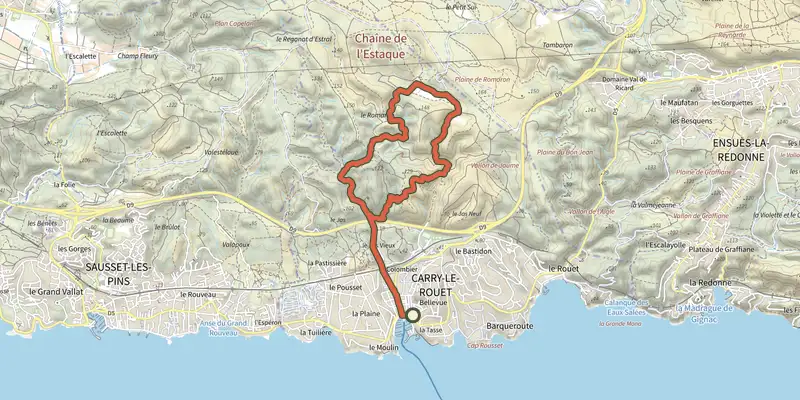 Map of the Le Tour du Romaron track on the IGN map, with the start and numbered waypoints