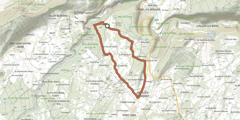 Carte du tracé de Bois de Rodolphe par Adam-lès-Passavant sur le Plan IGN, départ et points de passage numérotés