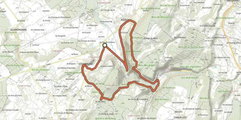 Carte du tracé de L'Abbaye de Grâce-Dieu sur le Plan IGN, départ et points de passage numérotés