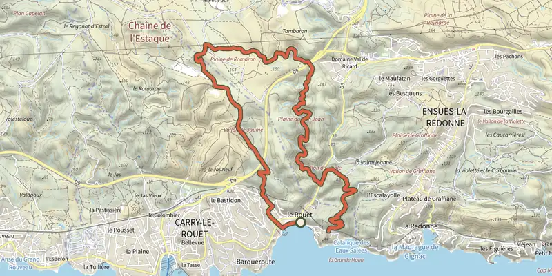 Carte du tracé de Boucle "Notre-Dame-du-Rouet et la plaine du Bon Jean" sur le Plan IGN, départ et points de passage numérotés