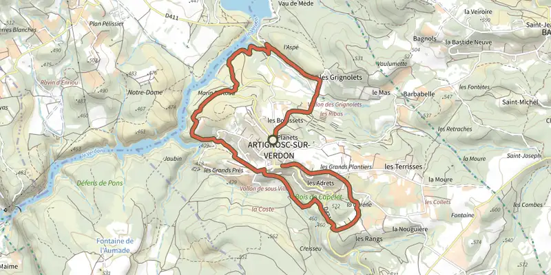 Carte du tracé de Chemin de l'Eau sur le Plan IGN, départ et points de passage numérotés