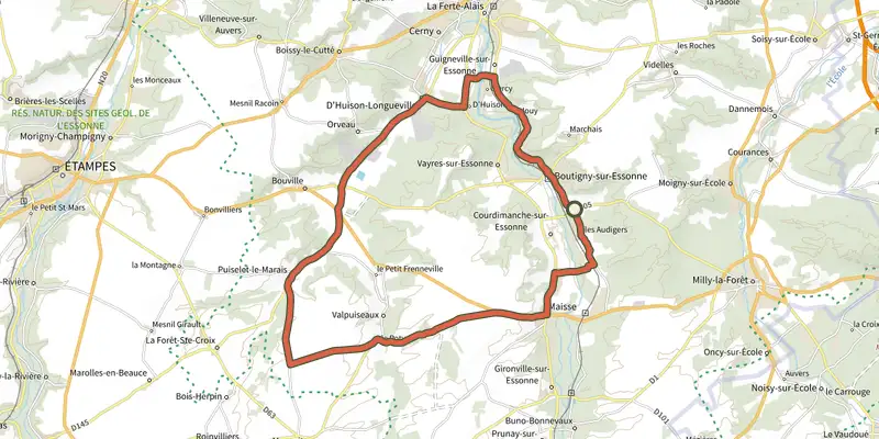 Map of the Autour de Boutigny-sur-Essonne track on the IGN map, with the start and numbered waypoints