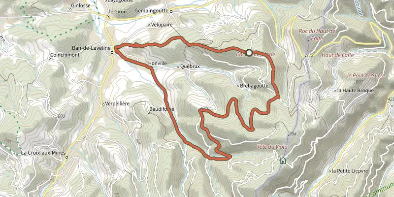 Carte du tracé de Sur les Hauteurs de Québrux sur le Plan IGN, départ et points de passage numérotés