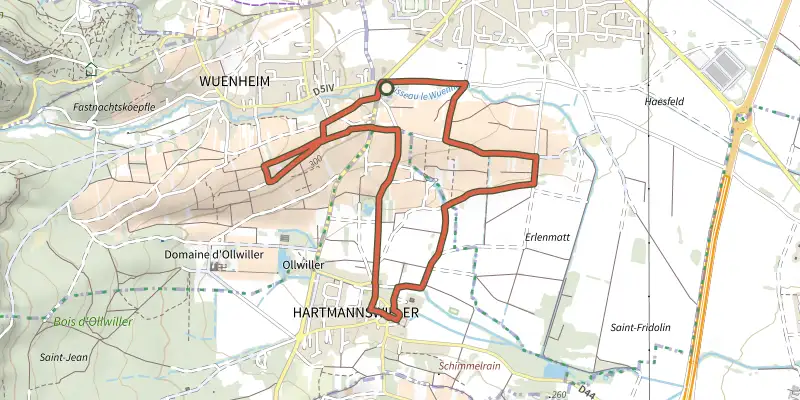 Map of the Circuit de Hartmannswiller track on the IGN map, with the start and numbered waypoints