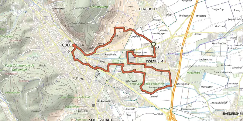 Map of the Circuit d'Issenheim track on the IGN map, with the start and numbered waypoints