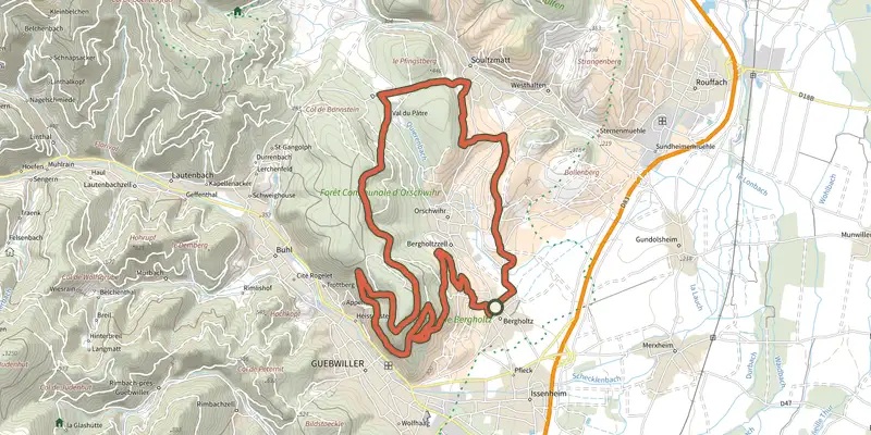 Carte du tracé de Circuit du Val du Pâtre sur le Plan IGN, départ et points de passage numérotés