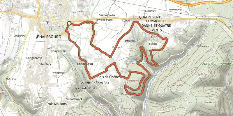 Map of the Circuit de Danne-et-Quatre-Vents track on the IGN map, with the start and numbered waypoints