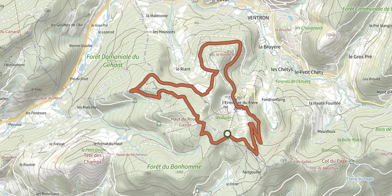 Carte du tracé de La Futaie sur le Plan IGN, départ et points de passage numérotés