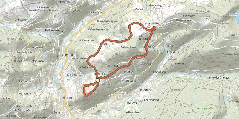 Carte du tracé de Grande Roche sur le Plan IGN, départ et points de passage numérotés