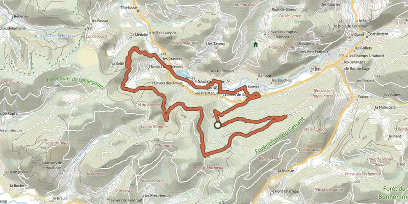Map of the Le Géhant track on the IGN map, with the start and numbered waypoints