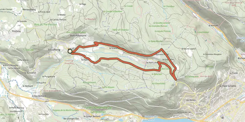 Map of the Le Grand Liézey track on the IGN map, with the start and numbered waypoints