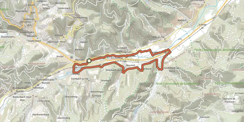 Map of the Circuit de la Fecht track on the IGN map, with the start and numbered waypoints