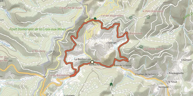 Carte du tracé de Les Bagenelles sur le Plan IGN, départ et points de passage numérotés