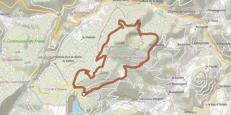 Carte du tracé de Tête des Faux sur le Plan IGN, départ et points de passage numérotés