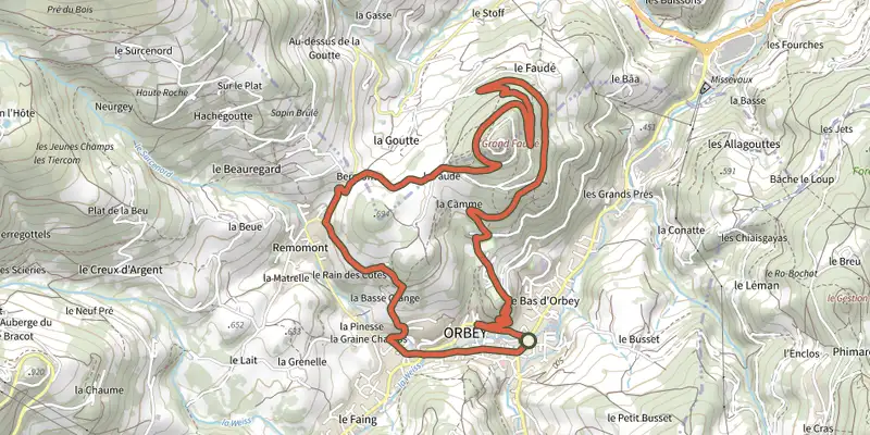 Map of the Tour du Faudé track on the IGN map, with the start and numbered waypoints