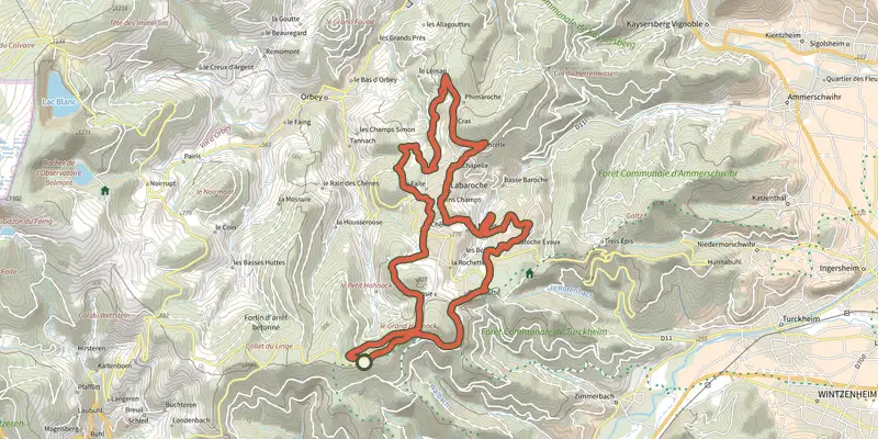 Map of the Tour de Labaroche track on the IGN map, with the start and numbered waypoints