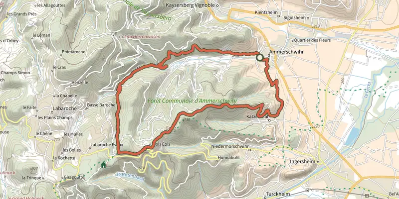 Carte du tracé de Les hauteurs d'Ammerschwihr sur le Plan IGN, départ et points de passage numérotés