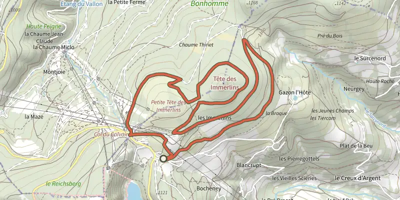 Map of the Tour des Immerlins track on the IGN map, with the start and numbered waypoints