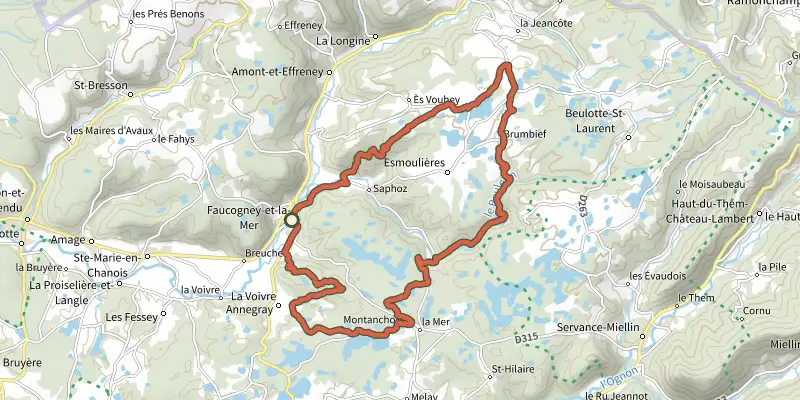Carte du tracé de Le Beuletin sur le Plan IGN, départ et points de passage numérotés