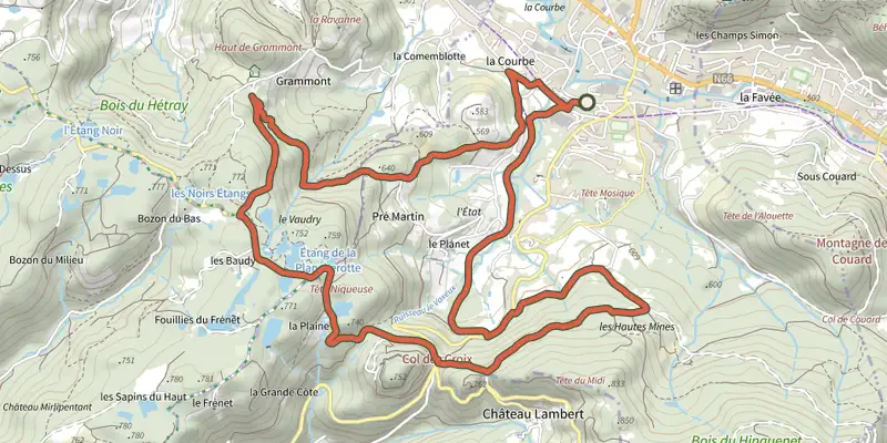 Map of the Le Col des Croix track on the IGN map, with the start and numbered waypoints