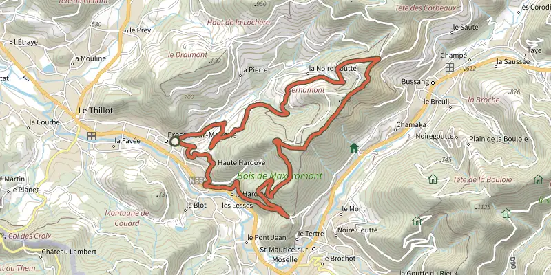Map of the Le Vallon track on OpenTopoMap, with the start and numbered waypoints