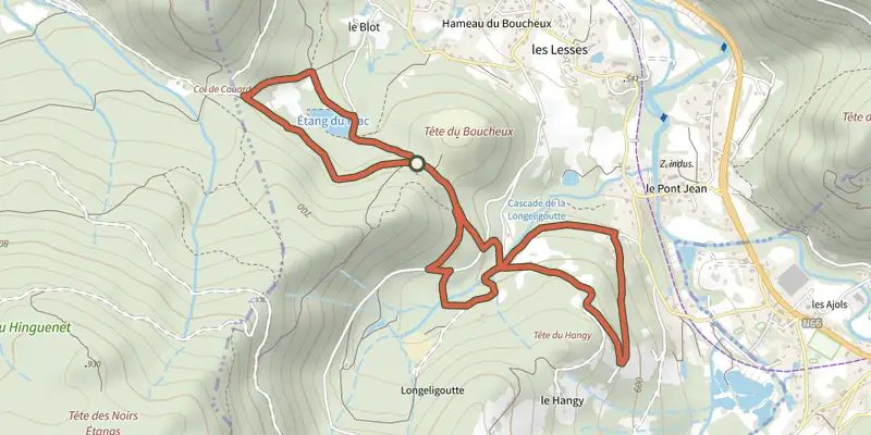 Carte du tracé de Étang du Frac sur le Plan IGN, départ et points de passage numérotés