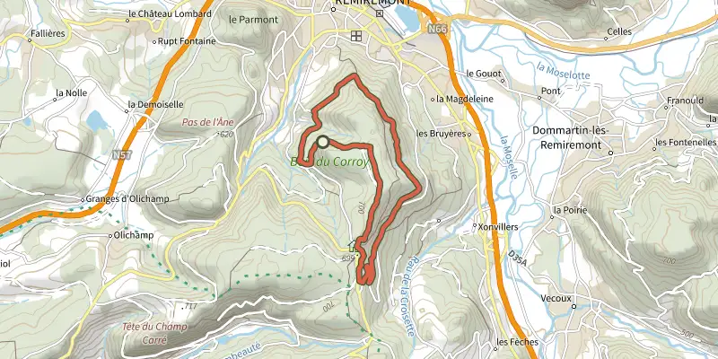 Map of the Tour de Corroy track on OpenTopoMap, with the start and numbered waypoints