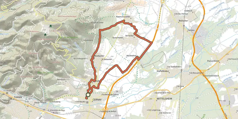 Map of the Piémont vosgien track on the IGN map, with the start and numbered waypoints
