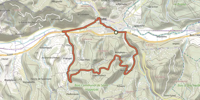 Map of the Sur les pas de Fulrad track on the IGN map, with the start and numbered waypoints
