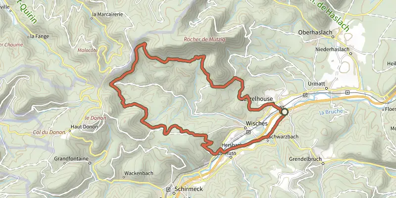Carte du tracé de Sur les hauteurs de Wisches sur le Plan IGN, départ et points de passage numérotés
