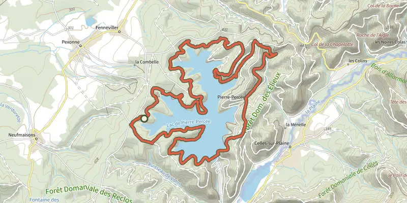 Carte du tracé de Tour du lac de Pierre Percée sur le Plan IGN, départ et points de passage numérotés