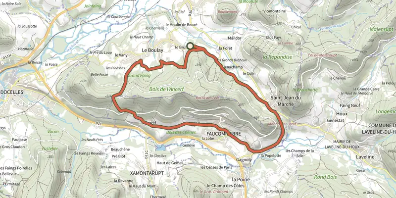 Carte du tracé de L'Ancerf sur le Plan IGN, départ et points de passage numérotés