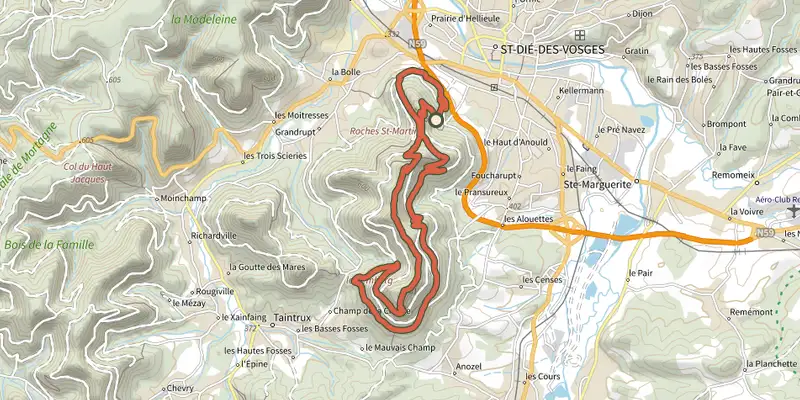 Map of the Trail Roches track on the IGN map, with the start and numbered waypoints