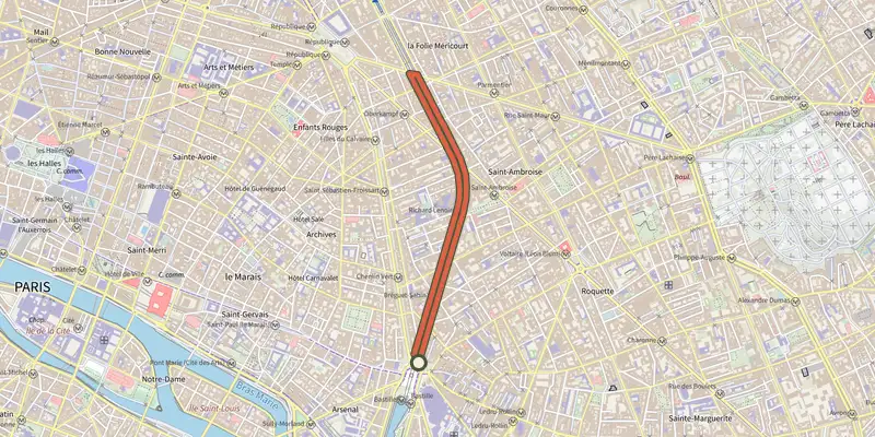 Map of the Boulevard Richard-Lenoir track on the IGN map, with the start and numbered waypoints