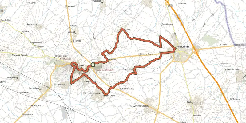 Carte du tracé de Les Moulins de Flandre n°1 (Facettes du Nord Côté Vélo) sur le Plan IGN, départ et points de passage numérotés