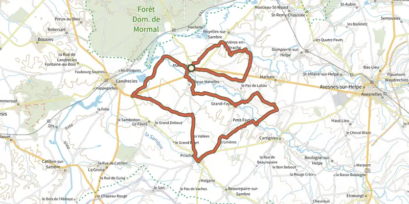 Map of the Moulins et Kiosques en Thiérache track on the IGN map, with the start and numbered waypoints