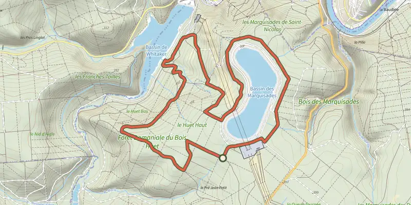 Map of the Les Marquisades track on the IGN map, with the start and numbered waypoints