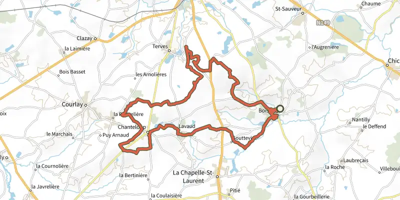 Map of the Vtt - Boismé - De la Jussandière aux Bleurs track on the IGN map, with the start and numbered waypoints
