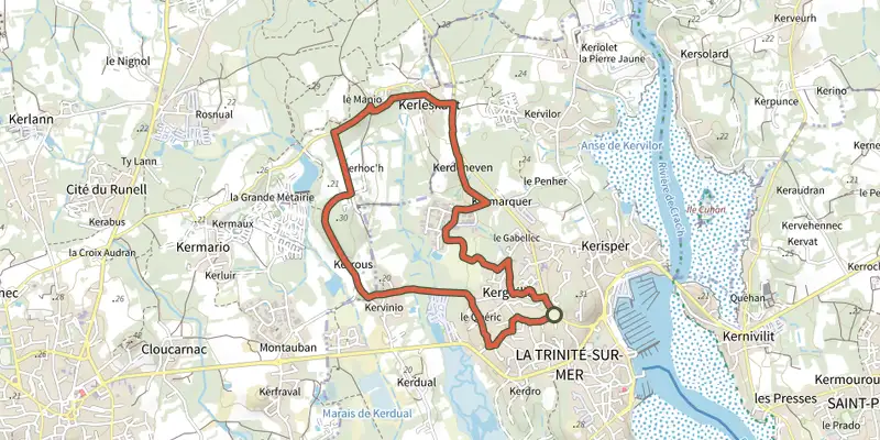 Carte du tracé de Circuit de la campagne Trinitaine sur le Plan IGN, départ et points de passage numérotés
