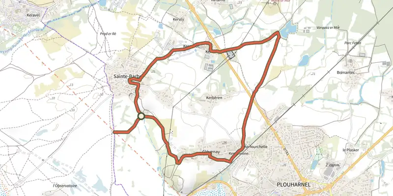 Carte du tracé de Circuit de Sainte-Barbe sur le Plan IGN, départ et points de passage numérotés