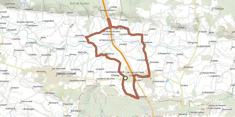 Carte du tracé de Vélopromenade n°4 sur le Plan IGN, départ et points de passage numérotés