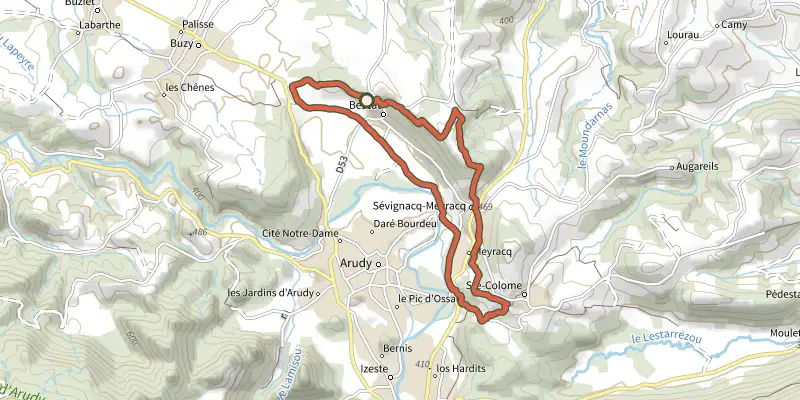 Carte du tracé de Les trois villages sur le Plan IGN, départ et points de passage numérotés