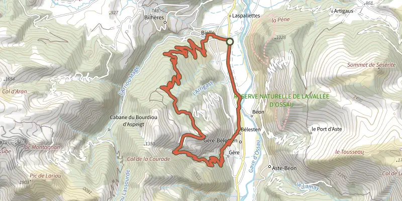 Map of the Plané d'Assiste/Granges de Gère track on the IGN map, with the start and numbered waypoints
