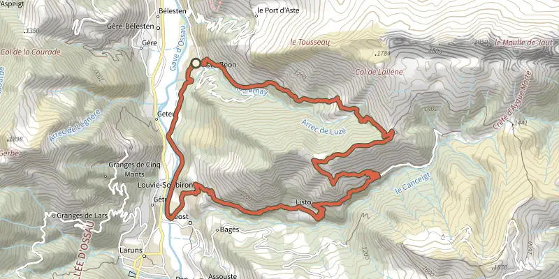 Map of the Le Pic d'Auzu track on the IGN map, with the start and numbered waypoints