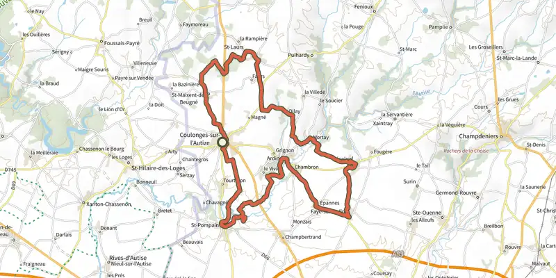 Carte du tracé de La Vallée de l'Autize sur le Plan IGN, départ et points de passage numérotés