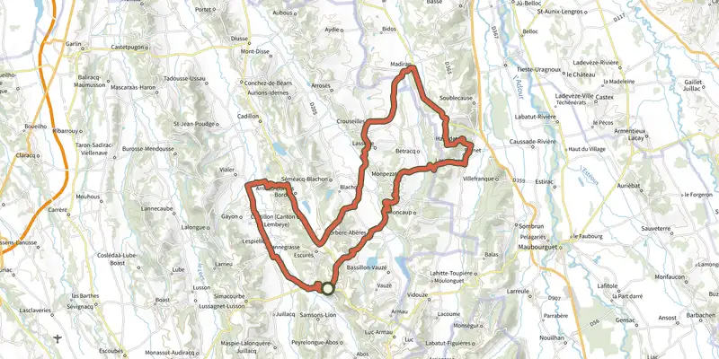 Map of the Châteaux et vignobles du Madiran track on the IGN map, with the start and numbered waypoints