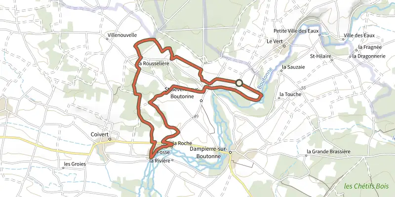 Map of the La Boutonne et ses Moulins track on the IGN map, with the start and numbered waypoints